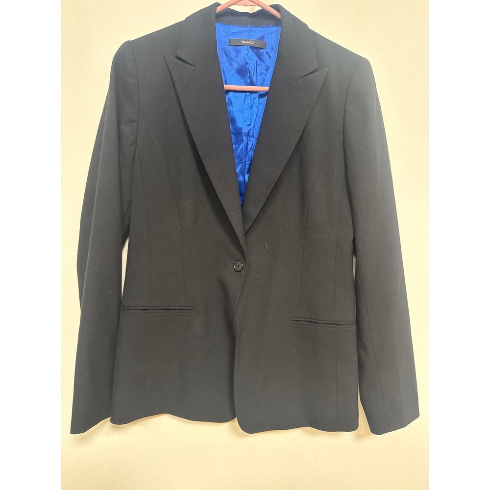 Tahari Womens Black Single Button Blazer Electric Blue Lining Size 8 Stretch